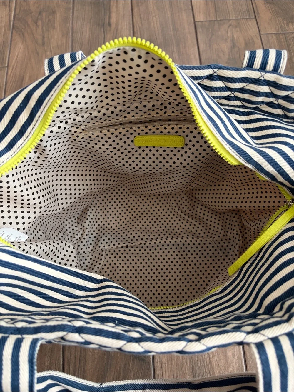 Madden Girl Navy and White Quilted Striped Tote with Bright Yellow Green Accent
